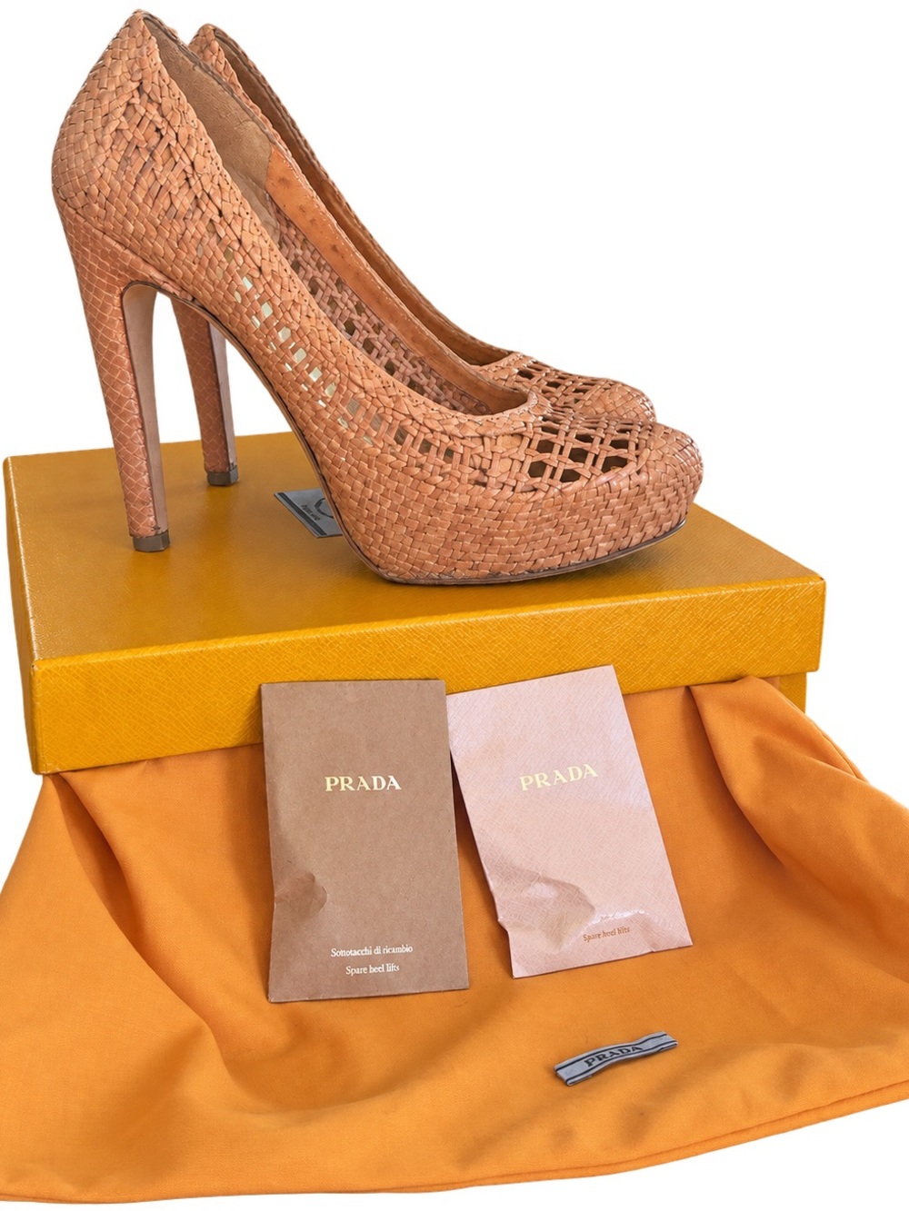 Prada Woven Leather Platform Pumps Nude Heels + Box Dust Bag & Tip Replacements